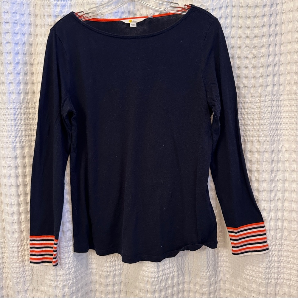 Boden Navy Long Sleeve Top with Striped Cuffs